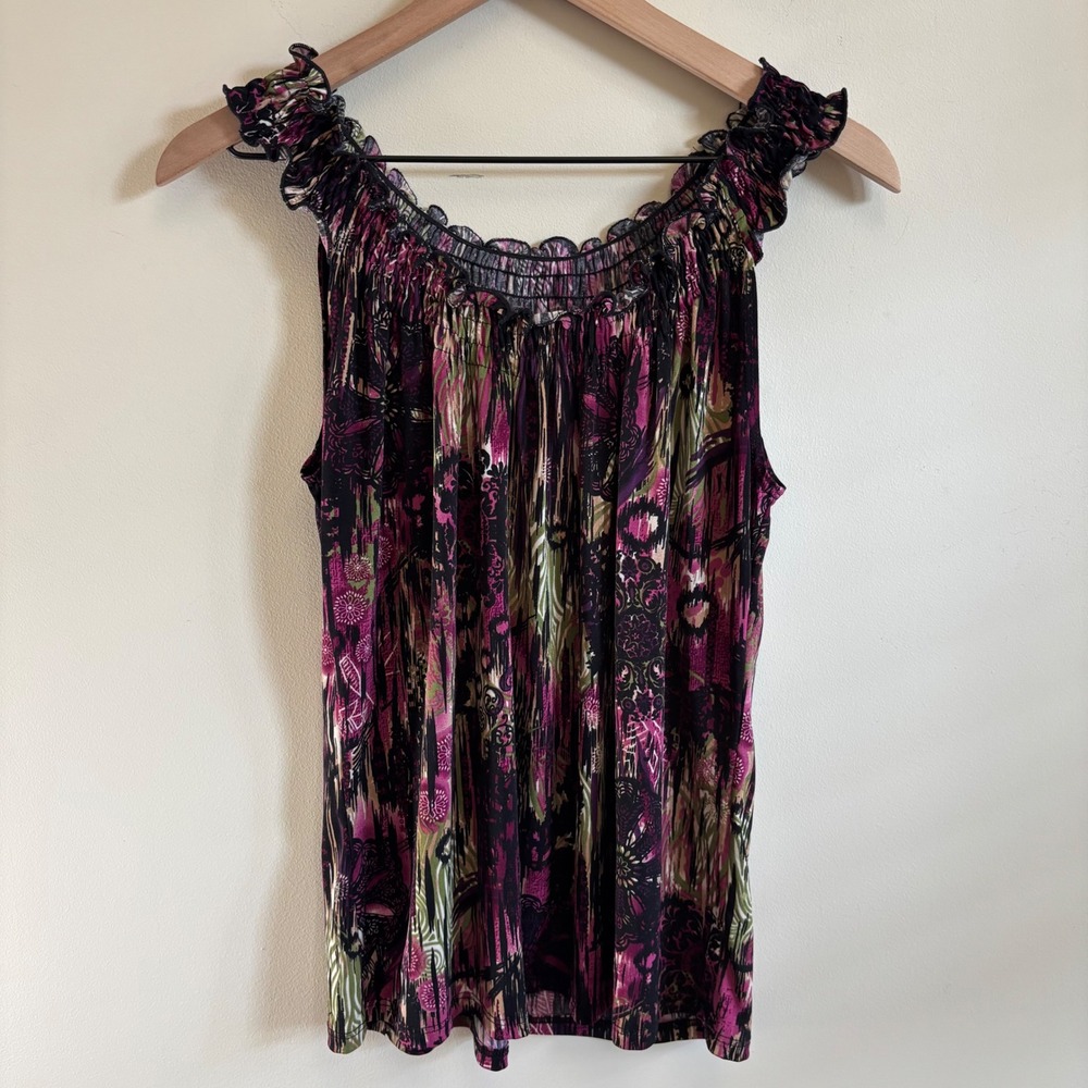 Abstract Floral Ikat Smocked Ruffle Neck Sleeveless Blouse Purple Olive Black